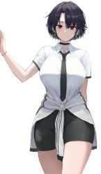 Rule 34 | 1girl, absurdres, bike shorts, black choker, black hair, black necktie, breasts, choker, closed mouth, clothes around waist, earrings, highres, jacket, jacket around waist, jewelry, large breasts, looking at viewer, necktie, original, parted bangs, pigone, red eyes, shirt, short hair, short sleeves, simple background, solo, thighs, white background, white jacket, white shirt