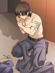 Rule 34 | 1boy, blush, brown hair, cross, cross necklace, derivative work, fate/stay night, fate (series), jewelry, kotomine kirei, male focus, necklace, parody, red-trio, topless male, solo