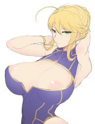 Rule 34 | 1girl, ahoge, areola slip, armpits, artoria pendragon (fate), artoria pendragon (lancer) (fate), bare shoulders, blonde hair, braid, braided bun, breasts, cleavage, cleavage cutout, clothing cutout, covered erect nipples, fate/grand order, fate (series), green eyes, hair bun, heattech leotard, highres, hometa, huge breasts, looking at viewer, nipples, simple background, sketch, sleeveless, solo, turtleneck, upper body, white background