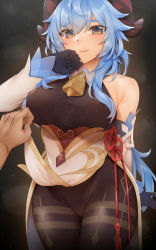 Rule 34 | 1girl, 1other, ahoge, bababababan, bare shoulders, black gloves, blue hair, blue sleeves, bodysuit, breasts, brown background, brown bodysuit, clothes lift, commentary, cowboy shot, detached sleeves, flower knot, ganyu (genshin impact), gem, genshin impact, gloves, goat horns, gradient background, hand up, highres, horns, large breasts, long hair, long sleeves, looking at viewer, purple eyes, sweat, wavy mouth