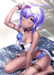 Rule 34 | 1girl, bare shoulders, bikini, blush, breasts, choker, cleavage, collarbone, dark-skinned female, dark skin, fate/grand order, fate/prototype, fate/prototype: fragments of blue and silver, fate (series), flower, goggles, goggles on head, hassan of serenity (fate), looking at viewer, medium breasts, purple eyes, purple hair, short hair, smile, swimsuit, thigh strap, thighs, white bikini, zen