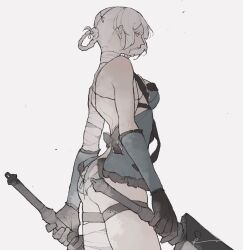 Rule 34 | 1girl, ass, bandaged arm, bandaged leg, bandaged neck, bandages, black gloves, blue gloves, blue negligee, breasts, cowboy shot, dadadadadaist, dual wielding, elbow gloves, gloves, hair rings, highres, holding, holding weapon, kaine (nier), lace-up, lingerie, looking at viewer, medium breasts, negligee, nier (series), signature, single bare shoulder, solo, underwear, weapon, white background