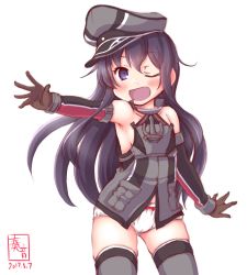 Rule 34 | 1girl, ;d, akatsuki (kancolle), alternate costume, anchor hair ornament, bare shoulders, bismarck (kancolle), bismarck (kancolle) (cosplay), blue eyes, blush, bow, bow panties, brown gloves, commentary request, cosplay, cross, dated, detached sleeves, gloves, grey thighhighs, hair ornament, hat, highres, iron cross, kanon (kurogane knights), kantai collection, long hair, looking at viewer, military, military hat, military uniform, one eye closed, open mouth, outstretched arm, panties, peaked cap, smile, solo, thighhighs, underwear, uniform, white panties
