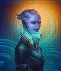 Rule 34 | 1girl, absurdres, alien, asari (mass effect), blue skin, colored skin, commentary, cyberpunk, english commentary, green eyes, highres, looking at viewer, lun-art, mass effect (series), solo, upper body