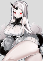 Rule 34 | 10s, 1girl, abyssal ship, ass, breasts, grey background, horns, kantai collection, large breasts, long hair, looking at viewer, lying, on side, red eyes, ribbed sweater, seaport princess, silver hair, simple background, sin (kami148), solo, sweater, sweater vest, thighs
