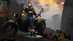 Rule 34 | 1girl, absurdres, ahoge, ak11raa, black footwear, black jacket, black shirt, black skirt, boots, bow (weapon), breasts, brown hair, closed mouth, cloud, cloudy sky, crop top, drone, eyebrows hidden by hair, flat tire, highres, holding, holding bow (weapon), holding weapon, jacket, long hair, long sleeves, motor vehicle, motorcycle, open clothes, open jacket, original, outdoors, poster (object), puffy long sleeves, puffy sleeves, red eyes, shirt, skirt, sky, small breasts, solo, very long hair, weapon