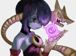 Rule 34 | 1girl, blue hair, blue skin, colored skin, detached collar, energy, hair over one eye, leviathan (skullgirls), lonzex, musical note, red eyes, side ponytail, skeletal arm, skullgirls, solo, squigly (skullgirls), stitched mouth, stitches, upper body