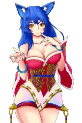 Rule 34 | 1girl, absurdres, ahri (fox), ahri (league of legends), animal ears, bare shoulders, blue hair, breasts, cat ears, colored eyelashes, cowboy shot, curvy, facial mark, fang, fang out, finger to mouth, fox ears, highres, large breasts, league of legends, long hair, looking at viewer, nail polish, simple background, slit pupils, smile, solo, standing, thighs, whisker markings, white background, wide hips, yellow eyes