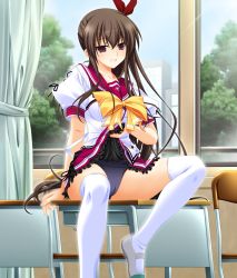 Rule 34 | 1girl, brown hair, clothes lift, game cg, grin, highres, kirishima izumi, long hair, naughty face, red eyes, school swimsuit, school uniform, side ponytail, sitting, skirt, skirt lift, smile, solo, sora to kumo to kimi no koi, suien, swimsuit, thighhighs, white thighhighs