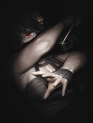 Rule 34 | 1girl, absurdres, black background, black hair, black theme, breasts, cleavage, covering face, dark, female focus, fingernails, glint, hair ornament, highres, holding, holding knife, holding weapon, knife, light, long hair, looking at viewer, medium breasts, numanoan, red eyes, solo, spy x family, upper body, weapon, yor briar
