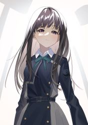 Rule 34 | 1girl, arms at sides, belt, belt buckle, black hair, blue belt, blue dress, buckle, buttons, closed mouth, collared shirt, commentary, dress, furumoto, gradient background, green ribbon, grey background, grey dress, highres, inoue takina, light smile, long hair, long sleeves, lycoris recoil, lycoris uniform, neck ribbon, pleated dress, purple eyes, ribbon, shirt, sidelocks, solo, standing, two-tone dress, upper body, white background, white shirt