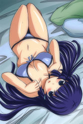 Rule 34 | 10s, 1girl, aoki reika, bikini, blue bikini, blue eyes, blue hair, blush, breasts, cleavage, highres, large breasts, long hair, looking at viewer, lying, matching hair/eyes, navel, nishi koutarou, on back, open mouth, pillow, precure, shiny skin, skindentation, smile, smile precure!, solo, strap pull, swimsuit, upside-down