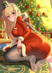 Rule 34 | 1girl, absurdres, ass, blonde hair, blue eyes, blush, braid, breasts, capelet, christmas, christmas tree, crown, dress, feet, french braid, fur-trimmed capelet, fur-trimmed dress, fur trim, hair between eyes, hairband, highres, kantai collection, large breasts, legs, long hair, looking at viewer, looking back, mini crown, no shoes, osananajimi neko, pantyhose, red capelet, santa costume, santa dress, smile, solo, toes, warspite (kancolle)