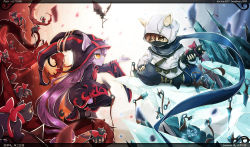 Rule 34 | 1boy, 1girl, animal ears, beancurd, boots, cat, colored skin, hat, hood, ice, kennen, kunai, league of legends, long hair, lulu (league of legends), mask, ninja, outstretched hand, pix (league of legends), plant, purple hair, purple skin, scarf, thigh boots, thighhighs, thorns, too many, too many cats, very long hair, vines, weapon, witch hat, yellow eyes, yordle
