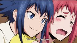 Rule 34 | 10s, 2girls, animated, animated gif, blue eyes, blue hair, grabbing another&#039;s breast, breasts, embarrassed, english text, closed eyes, female focus, grabbing, grabbing from behind, hair ears, keijo!!!!!!!!, large breasts, lowres, multiple girls, open mouth, red hair, rokudo rin, short hair, shy, smile, subtitled, sweater, talking, toyoguchi non, yellow sweater, yuri
