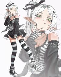 Rule 34 | 1girl, absurdres, black jacket, black nails, black ribbon, black shirt, black skirt, black thighhighs, breasts, collar, commentary, ear piercing, elf, english commentary, frieren, green eyes, hair ornament, hair ribbon, highres, jacket, jewelry, necklace, piercing, pointy ears, ribbon, ring, shirt, shoes, skirt, skull and crossbones, skull hair ornament, small breasts, sneakers, sousou no frieren, spiked collar, spikes, striped clothes, striped shirt, striped thighhighs, thighhighs, two-tone shirt, two-tone thighhighs, waligner, white background, white hair, white shirt, white thighhighs