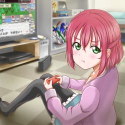 Rule 34 | 1girl, alternate hairstyle, artist name, artist request, black legwear, blue skirt, breasts, checkered floor, collarbone, controller, female focus, figure, from behind, game console, gundam, hair between eyes, half updo, highres, holding, holding controller, indoors, joy-con, knees up, kurosawa ruby, long sleeves, looking back, love live!, love live! sunshine!!, miniskirt, nintendo switch, no shoes, plaid, plaid skirt, playstation 4, pleated, pleated skirt, purple shirt, purple sweater, red hair, shirt, short hair, skirt, sleeve cuffs, small breasts, sweater