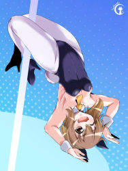 Rule 34 | 10s, 1girl, animal ears, artist name, blush, breasts, brown eyes, brown hair, cleavage, detached collar, fake animal ears, high heels, highres, kantai collection, leotard, long hair, looking at viewer, one eye closed, open mouth, pantyhose, playboy bunny, pole, pole dancing, rabbit ears, rabbit pose, rabbit tail, short hair, small breasts, smile, solo, straddling, stripper pole, tail, tsukineko, upside-down, white pantyhose, wink, wrist cuffs, yukikaze (kancolle)