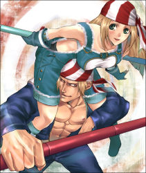 Rule 34 | 1boy, 1girl, alternate costume, bandana, billy kane, blonde hair, breasts, brother and sister, cleavage, fatal fury, fingerless gloves, gloves, green eyes, hairband, holding, kof: maximum impact, large breasts, lilly kane, maximum impact ii, siblings, snk, staff, the king of fighters, weapon