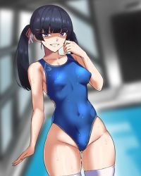 Rule 34 | 1girl, alternate hairstyle, black hair, blue eyes, blue one-piece swimsuit, blurry, breasts, commentary request, competition swimsuit, cowboy shot, danchino, depth of field, gluteal fold, grin, hair ornament, hairclip, highres, long hair, looking at viewer, nijisanji, one-piece swimsuit, rei no pool, shaded face, small breasts, smile, solo, standing, swimsuit, thigh gap, thighhighs, tsukino mito, twintails, virtual youtuber, white thighhighs