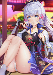 Rule 34 | 1girl, absurdres, architecture, arm guards, armor, ayaka (genshin impact), black gloves, blunt bangs, blurry, bow, breastplate, breasts, bridal gauntlets, choker, cleavage, collarbone, commentary request, depth of field, east asian architecture, genshin impact, gloves, grey eyes, grey hair, hair bow, hair ornament, hair ribbon, hana (zwjx8425), highres, japanese clothes, knees to chest, knees together feet apart, long hair, long sleeves, looking at viewer, mole, mole under eye, panties, pantyshot, ponytail, ribbon, sidelocks, sitting, solo, tatami, tress ribbon, twilight, underwear, white panties, wind