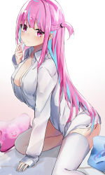 Rule 34 | 1girl, absurdres, arm support, bad id, bad pixiv id, blue hair, braid, breasts, closed mouth, collared shirt, commentary request, dress shirt, from side, hand up, highres, hololive, leaning forward, long hair, looking at viewer, looking to the side, medium breasts, minato aqua, multicolored hair, naked shirt, nanashinayuzu mochi, open clothes, open shirt, pillow, pink hair, shirt, sleeves past wrists, solo, thighhighs, two-tone hair, very long hair, virtual youtuber, white shirt, white thighhighs