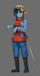Rule 34 | 1girl, absurdres, black footwear, blue hair, blue jacket, blue pants, blue skin, boots, brown eyes, chinese clothes, colored skin, full body, grey background, hat, highres, jacket, jiangshi, knee boots, long sleeves, looking at viewer, ofuda, open mouth, original, pants, pants tucked in, parted lips, pzkpfwi, simple background, solo, standing, yeonji gonji