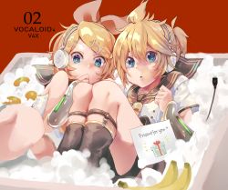Rule 34 | 1boy, 1girl, absurdres, ahoge, aqua eyes, banana, bass clef, blonde hair, bow, box, brother and sister, clenched hands, commentary, delivery, drawing, food, fortissimo, fruit, ganmo hanemuun, hair bow, hair ornament, hairclip, hand to own mouth, headphones, headset, highres, kagamine len, kagamine len (vocaloid4), kagamine rin, kagamine rin (vocaloid4), leg warmers, legs together, letter, looking at viewer, lying, mandarin orange, necktie, on back, package, short hair, short ponytail, shorts, siblings, treble clef, twins, usb, v4x, vocaloid, white bow, wide-eyed, yellow neckwear