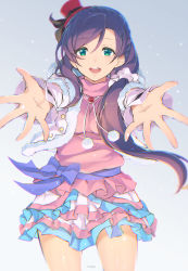 Rule 34 | 10s, 1girl, braid, chromatic aberration, frilled skirt, frills, fur trim, green eyes, hat, highres, long hair, looking at viewer, love live!, love live! school idol project, makita (twosidegekilove), open mouth, outstretched arms, ponytail, purple hair, signature, simple background, skirt, snow halation, solo, tojo nozomi, twintails
