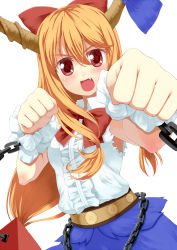 Rule 34 | 1girl, armpits, b-ginga, belt, blush, bow, chain, clenched hand, clenched hands, fang, female focus, fighting stance, hair bow, horn ornament, horn ribbon, horns, ibuki suika, open mouth, orange hair, red eyes, ribbon, shirt, skirt, solo, star-shaped pupils, star (symbol), symbol-shaped pupils, touhou