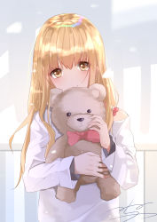 Rule 34 | 1girl, absurdres, bare shoulders, blonde hair, blush, bow, brown eyes, closed mouth, commentary request, hair between eyes, head tilt, highres, long hair, long sleeves, looking at viewer, menghuan tian, hugging object, off shoulder, original, pink bow, shirt, signature, smile, solo, stuffed animal, stuffed toy, teddy bear, upper body, white shirt