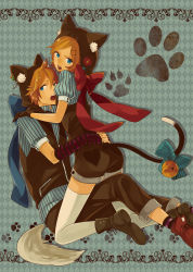 Rule 34 | 1boy, 1girl, animal ears, argyle, argyle background, argyle clothes, bell, blonde hair, blue eyes, blue scarf, bow, brother and sister, cat ears, cat tail, gloves, highres, hood, hoodie, jingle bell, kagamine len, kagamine rin, momoiro oji, open mouth, pinstripe pattern, red scarf, scarf, shirt, short hair, shorts, siblings, striped clothes, striped shirt, tail, tail bell, tail bow, tail ornament, thighhighs, twins, vertical-striped clothes, vertical-striped shirt, vocaloid