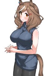 Rule 34 | 1girl, animal ears, bare arms, bare shoulders, black pantyhose, blue dress, blue sweater, blush, breasts, brown hair, casual, corrupted twitter file, dress, eyes visible through hair, hair ornament, hairclip, highres, horse ears, horse girl, horse tail, impossible clothes, impossible dress, jewelry, kumiyabe, large breasts, long hair, matikane tannhauser (umamusume), multicolored hair, own hands together, pantyhose, ribbed dress, ring, short dress, simple background, sleeveless, sleeveless dress, solo, streaked hair, sweatdrop, sweater, sweater dress, swept bangs, tail, turtleneck, turtleneck dress, umamusume, wedding ring, white background, yellow eyes