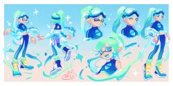 Rule 34 | 1girl, black pants, blue background, border, closed mouth, commentary, english commentary, goggles, goggles on head, gradient background, highres, inkling, inkling girl, inkling player character, long hair, midriff, multiple views, nintendo, one eye closed, pants, pink background, pointy ears, see-through, see-through shawl, shawl, smile, sparkling eyes, splatoon (series), splatoon 3, standing, teeth, tentacle hair, tokkibada, white border