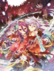 Rule 34 | 10s, 5girls, blush, chess piece, chessboard, collarbone, spiked halo, gloves, grin, halo, highres, holding, jibril (no game no life), kamiya yuu, long hair, low wings, mechanical halo, multicolored hair, multiple girls, no game no life, riku (no game no life), shuvi (no game no life), silver hair, smile, standing, teto (no game no life), very long hair, wings, yellow eyes