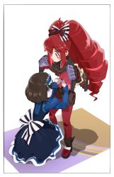 Rule 34 | 2girls, adjusting another&#039;s clothes, akiot, blue dress, bow, brown hair, buttoning, claws, clothes lift, doll joints, dress, frilled hairband, frills, garie tuman, hair bow, hairband, joints, long sleeves, micha jawkan, multiple girls, red hair, senki zesshou symphogear, shirt lift