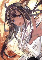 Rule 34 | 10s, 1girl, ahoge, blue eyes, brown hair, headgear, highres, kantai collection, kongou (kancolle), long hair, looking at viewer, mizuta kenji, nontraditional miko, open mouth, outstretched arm, personification, signature, sketch, solo