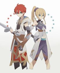 1boy 1girl adol_christin belt blonde_hair blue_eyes closed_mouth commentary_request george_man grey_eyes hair_between_eyes hand_on_own_hip high_ponytail highres holding holding_sword holding_weapon karja_balta looking_at_viewer red_hair short_hair simple_background smile standing star_(symbol) sword weapon white_background ys ys_x_nordics