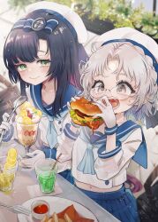 Rule 34 | 2girls, black hair, blue bow, blue hair, blue sailor collar, blue sky, bow, brown eyes, burger, cup, drinking straw, eating, food, french fries, fruit, glasses, gloves, gradient hair, green eyes, grey hair, hat, highres, hirato (kancolle), holding, holding food, holding spoon, ice cream, kantai collection, ketchup, lemon, lemon slice, long hair, long sleeves, matsuwa (kancolle), multicolored hair, multiple girls, neckerchief, open mouth, pleated skirt, ruohire9, sailor collar, sailor hat, school uniform, serafuku, short hair, skirt, sky, smile, spoon, sundae, sweat, very long hair, white gloves, white hat