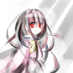 Rule 34 | 1girl, blunt bangs, bow, bowtie, closed mouth, crazy eyes, evil smile, female focus, houraisan kaguya, long hair, long sleeves, looking at viewer, oouso, red eyes, shaded face, smile, solo, staring, touhou, upper body, very long hair, yellow bow, yellow bowtie
