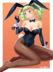 Rule 34 | 1girl, absurdres, animal ears, black bow, black bowtie, black gloves, black leotard, border, bow, bowtie, breasts, brown pantyhose, cleavage, commentary request, covered navel, dated, detached collar, drill hair, elbow gloves, fake animal ears, gloves, green hair, highres, leotard, long hair, looking to the side, medium breasts, ngo (ngo dandelion), orange background, original, pantyhose, playboy bunny, purple eyes, rabbit ears, rabbit girl, rabbit tail, signature, sitting, solo, strapless, strapless leotard, tail, twintails, two-tone background, white border, wrist cuffs, yokozuwari