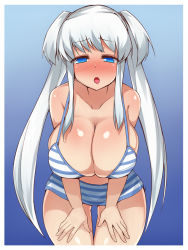 Rule 34 | 1girl, bikini, bikini top only, blue bikini, blue eyes, blush, breasts, brll, cleavage, collarbone, female focus, full-face blush, gradient background, half-closed eyes, hands on thighs, huge breasts, leaning forward, long hair, long twintails, looking at viewer, mabinogi, nao (mabinogi), nose blush, open mouth, sidelocks, simple background, skirt, solo, standing, striped bikini, striped clothes, swimsuit, thigh gap, twintails, two side up, white hair