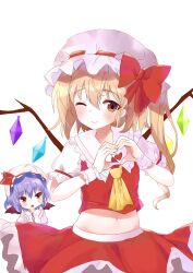Rule 34 | 2girls, absurdres, ascot, bat wings, blonde hair, blush, brown eyes, flandre scarlet, frilled shirt collar, frilled skirt, frilled sleeves, frills, hair between eyes, hat, hat ribbon, heart, heart hands, heart in heart hands, highres, light smile, long hair, looking at viewer, midriff, multicolored wings, multiple girls, navel, one eye closed, one side up, puffy short sleeves, puffy sleeves, purple hair, red ribbon, red skirt, red vest, remilia scarlet, ribbon, ribbon-trimmed headwear, ribbon trim, satori (kxdm8872), shirt, short sleeves, siblings, sisters, skirt, sleeve ribbon, touhou, vest, white background, white hat, white shirt, wings, yellow ascot