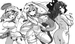 Rule 34 | 3girls, absurdres, breasts, dancing, fox mask, greyscale, hat, hata no kokoro, highres, large breasts, leotard, long hair, mask, mask on head, mob cap, monochrome, multiple girls, peso (cheese company), touhou, twintails, very long hair, yorigami jo&#039;on, yorigami shion