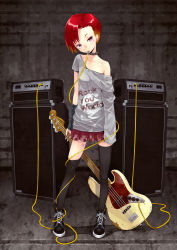 Rule 34 | 1girl, amplifier, bad id, bad pixiv id, bass guitar, black thighhighs, cable, collar, earrings, english text, engrish text, fender (company), fender jazz bass, head tilt, highres, instrument, jewelry, loose thighhigh, maeda risou, mouth hold, off shoulder, original, punk, ranguage, red eyes, red hair, shoes, short hair, skirt, sneakers, solo, standing, star (symbol), tattoo, thighhighs