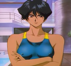 1990s_(style) 1girl anime_screenshot black_hair breasts brown_eyes competition_swimsuit crossed_arms female_focus golden_boy hayami_ayuko highres lipstick makeup one-piece_swimsuit retro_artstyle short_hair solo standing stitched swimsuit third-party_edit