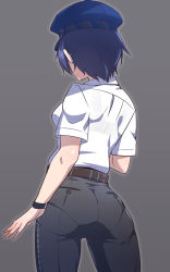 Rule 34 | 1girl, arm at side, ass, belt, black pants, blue hair, blue hat, bra, cowboy shot, em (totsuzen no hakike), facing away, from behind, grey background, hat, pants, pantylines, persona, persona 4, shirogane naoto, shirt, short sleeves, simple background, solo, underwear, white shirt, wristband