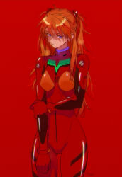 Rule 34 | 1girl, blue eyes, bodysuit, breasts, brown hair, expressionless, highres, long hair, looking at viewer, medium breasts, neon genesis evangelion, plugsuit, red background, red bodysuit, shiny clothes, simple background, skin tight, solo, souryuu asuka langley, standing, sumustard, tsundere, two side up