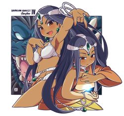 Rule 34 | 2girls, :d, armor, bad id, bad pixiv id, bikini armor, bracelet, breasts, brown eyes, circlet, cleavage, copyright name, dark-skinned female, dark skin, dragon quest, dragon quest iv, earrings, eyes visible through hair, fang, gem, jewelry, loincloth, long hair, manya (dq4), mawaru (mawaru), medium breasts, minea (dq4), multiple girls, navel, open mouth, outline, outstretched arm, purple hair, siblings, sisters, smile, straight hair, white outline