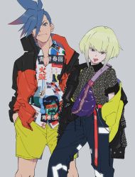 Rule 34 | 2boys, bad id, bad twitter id, blonde hair, blue hair, casual, galo thymos, hand in pocket, jacket, lio fotia, male focus, multiple boys, off shoulder, pants, piercing, promare, purple eyes, shirikon, shirt, short hair, shorts, spiked hair, tongue, tongue out, tongue piercing